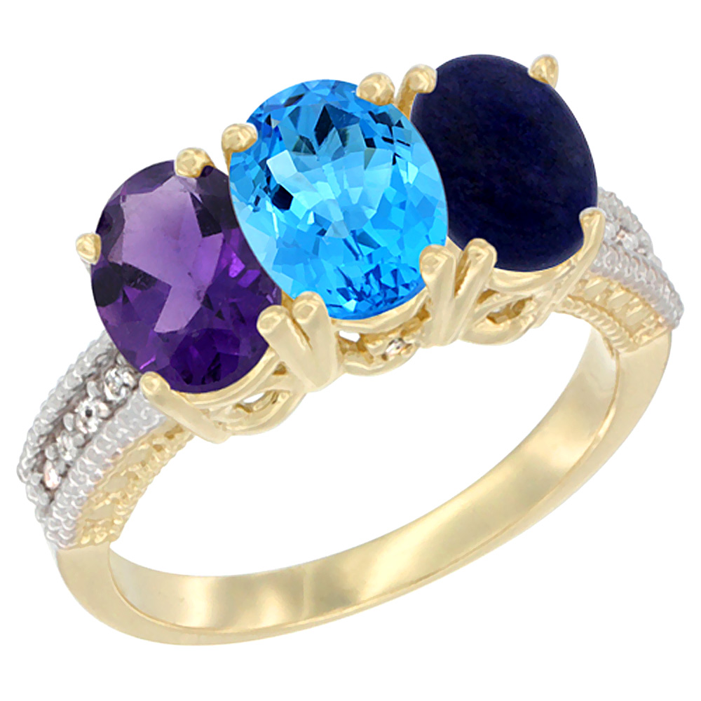 14K Yellow Gold Natural Amethyst, Swiss Blue Topaz & Lapis Ring 3-Stone 7x5 mm Oval Diamond Accent, sizes 5 - 10