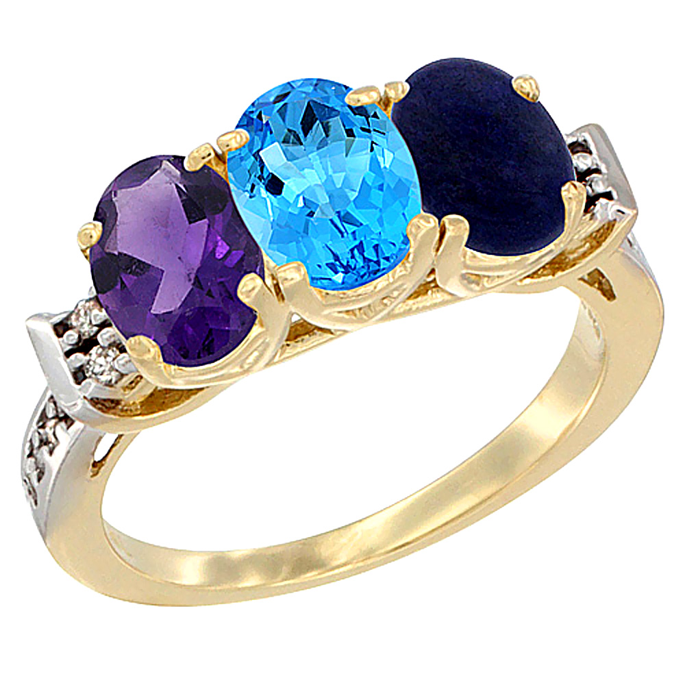 14K Yellow Gold Natural Amethyst, Swiss Blue Topaz &amp; Lapis Ring 3-Stone 7x5 mm Oval Diamond Accent, sizes 5 - 10