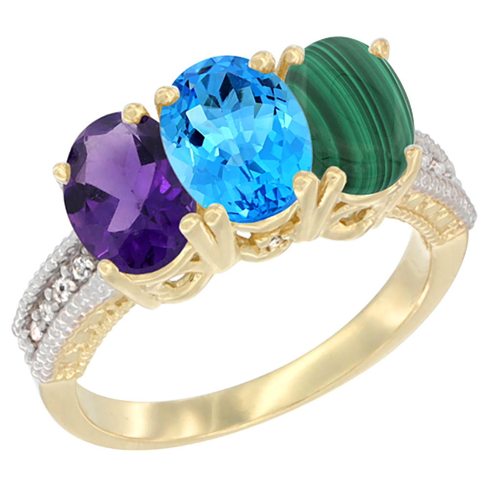 10K Yellow Gold Diamond Natural Amethyst, Swiss Blue Topaz & Malachite Ring Oval 3-Stone 7x5 mm,sizes 5-10