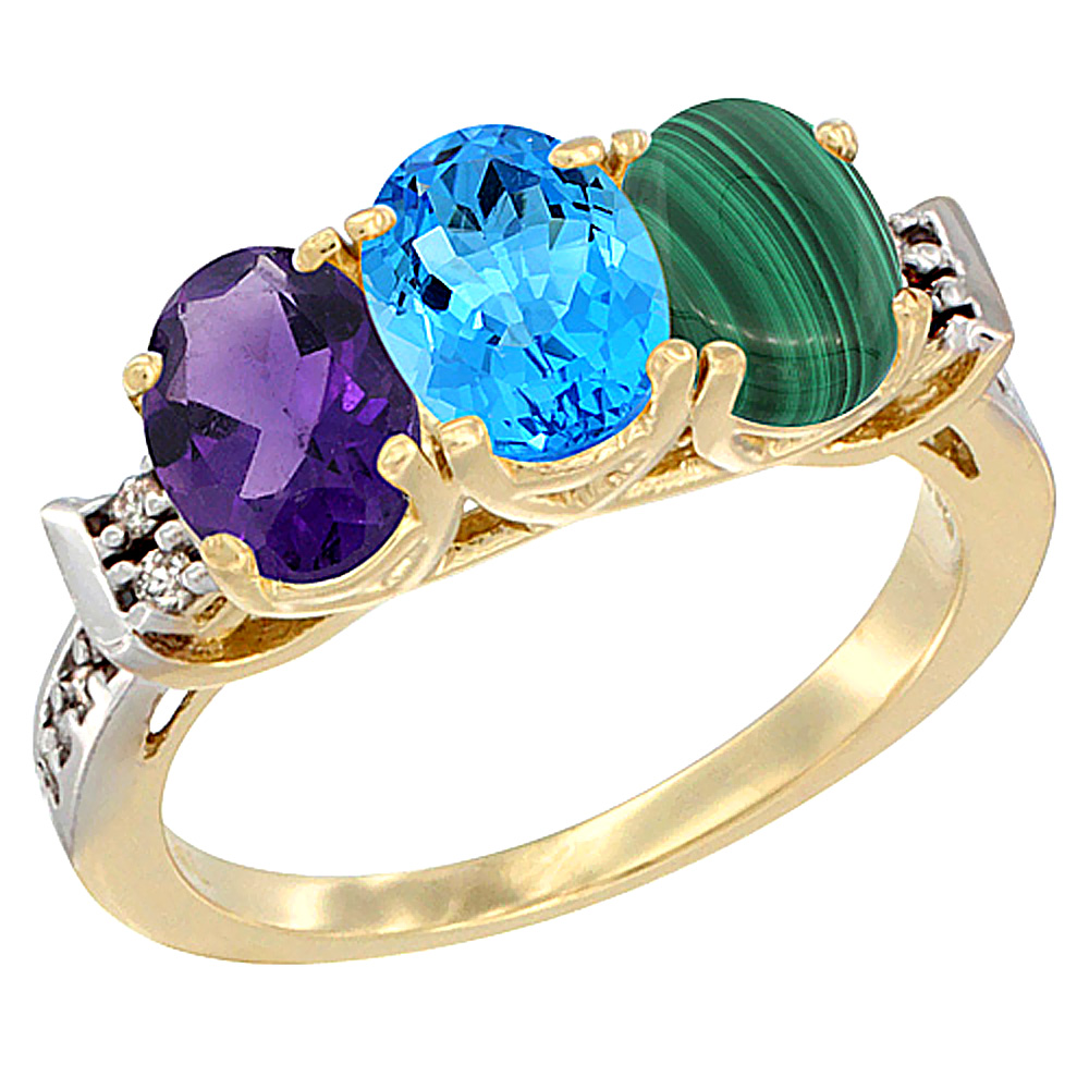 10K Yellow Gold Natural Amethyst, Swiss Blue Topaz & Malachite Ring 3-Stone Oval 7x5 mm Diamond Accent, sizes 5 - 10