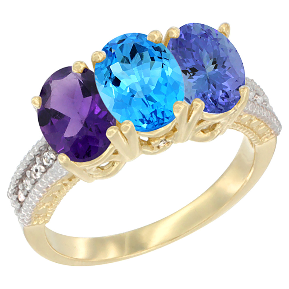 14K Yellow Gold Natural Amethyst, Swiss Blue Topaz &amp; Tanzanite Ring 3-Stone 7x5 mm Oval Diamond Accent, sizes 5 - 10