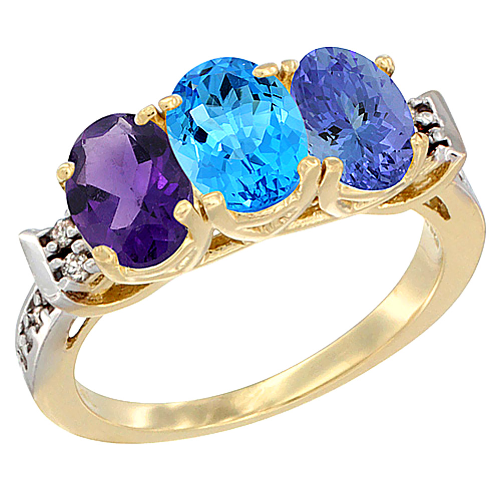 10K Yellow Gold Natural Amethyst, Swiss Blue Topaz & Tanzanite Ring 3-Stone Oval 7x5 mm Diamond Accent, sizes 5 - 10