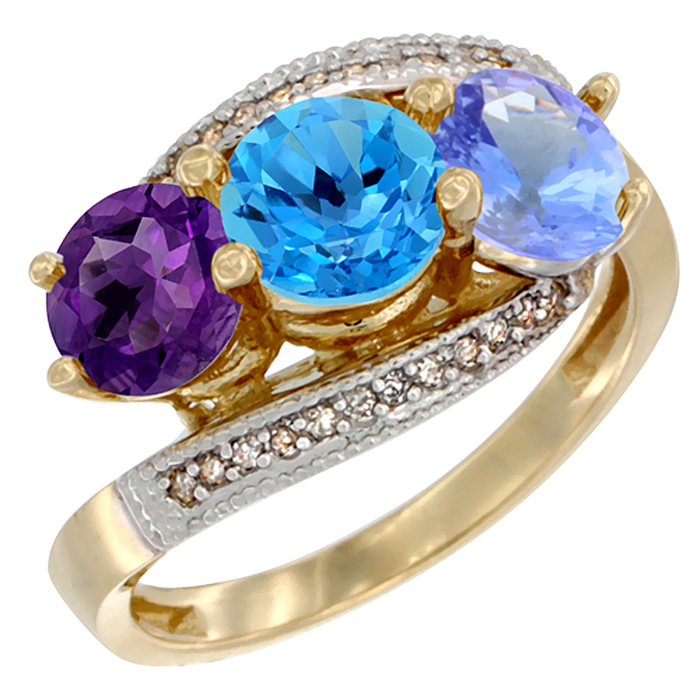 10K Yellow Gold Natural Amethyst, Swiss Blue Topaz &amp; Tanzanite 3 stone Ring Round 6mm Diamond Accent, sizes 5 - 10