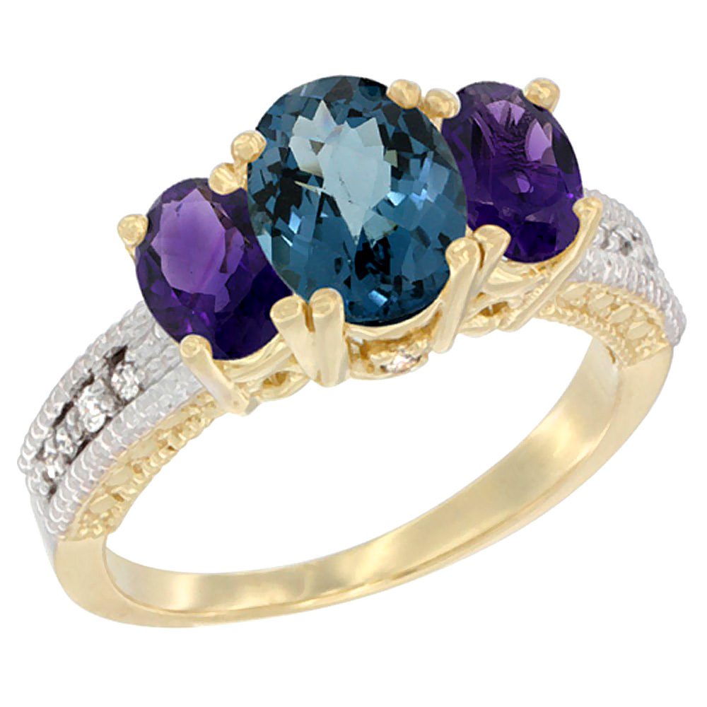 14K Yellow Gold Diamond Natural London Blue Topaz Ring Oval 3-stone with Amethyst, sizes 5 - 10