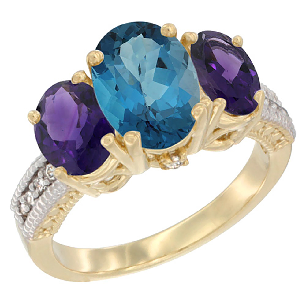 10K Yellow Gold Diamond Natural London Blue Topaz Ring 3-Stone Oval 8x6mm with Amethyst, sizes5-10