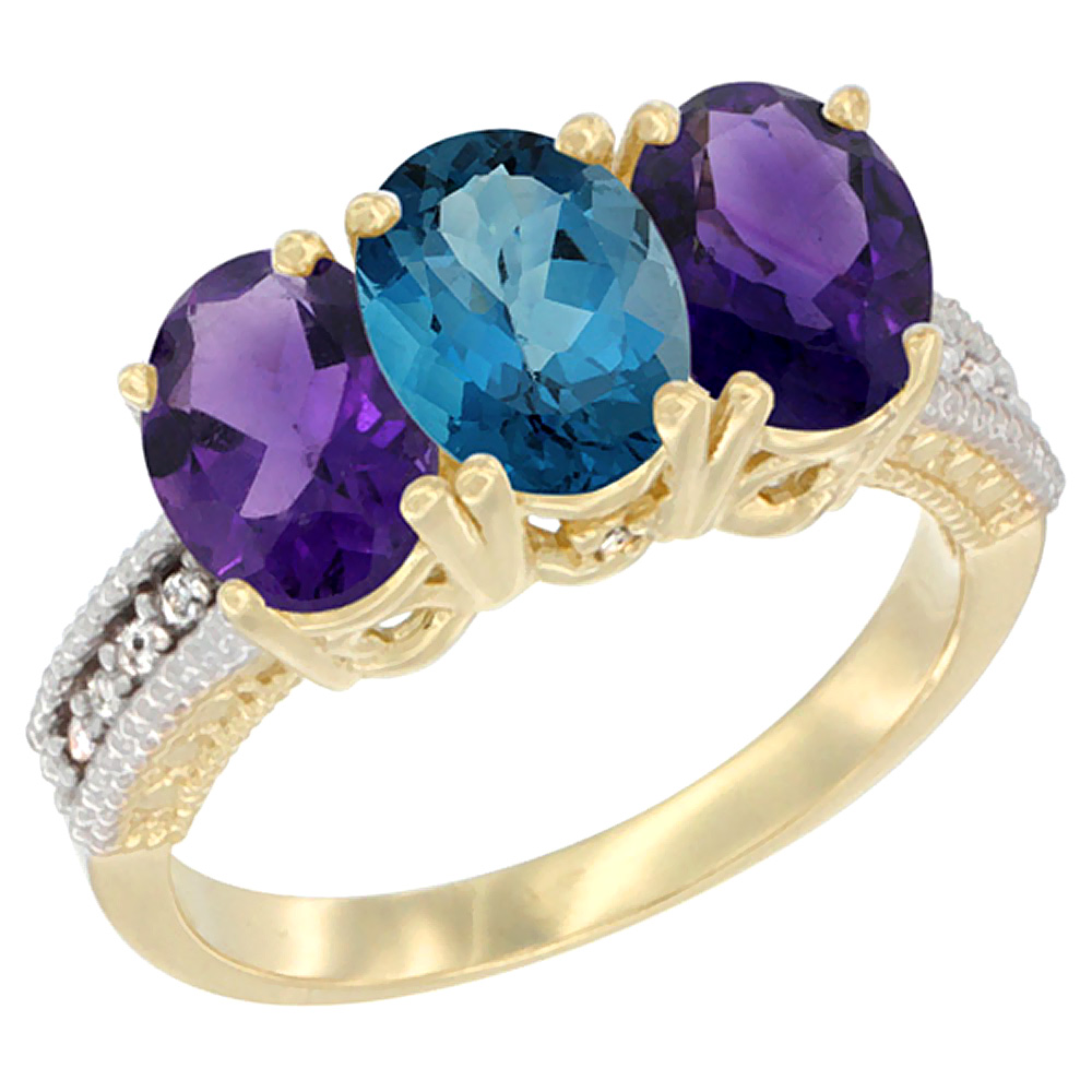 14K Yellow Gold Natural London Blue Topaz & Amethyst Ring 3-Stone 7x5 mm Oval Diamond Accent, sizes 5 - 10