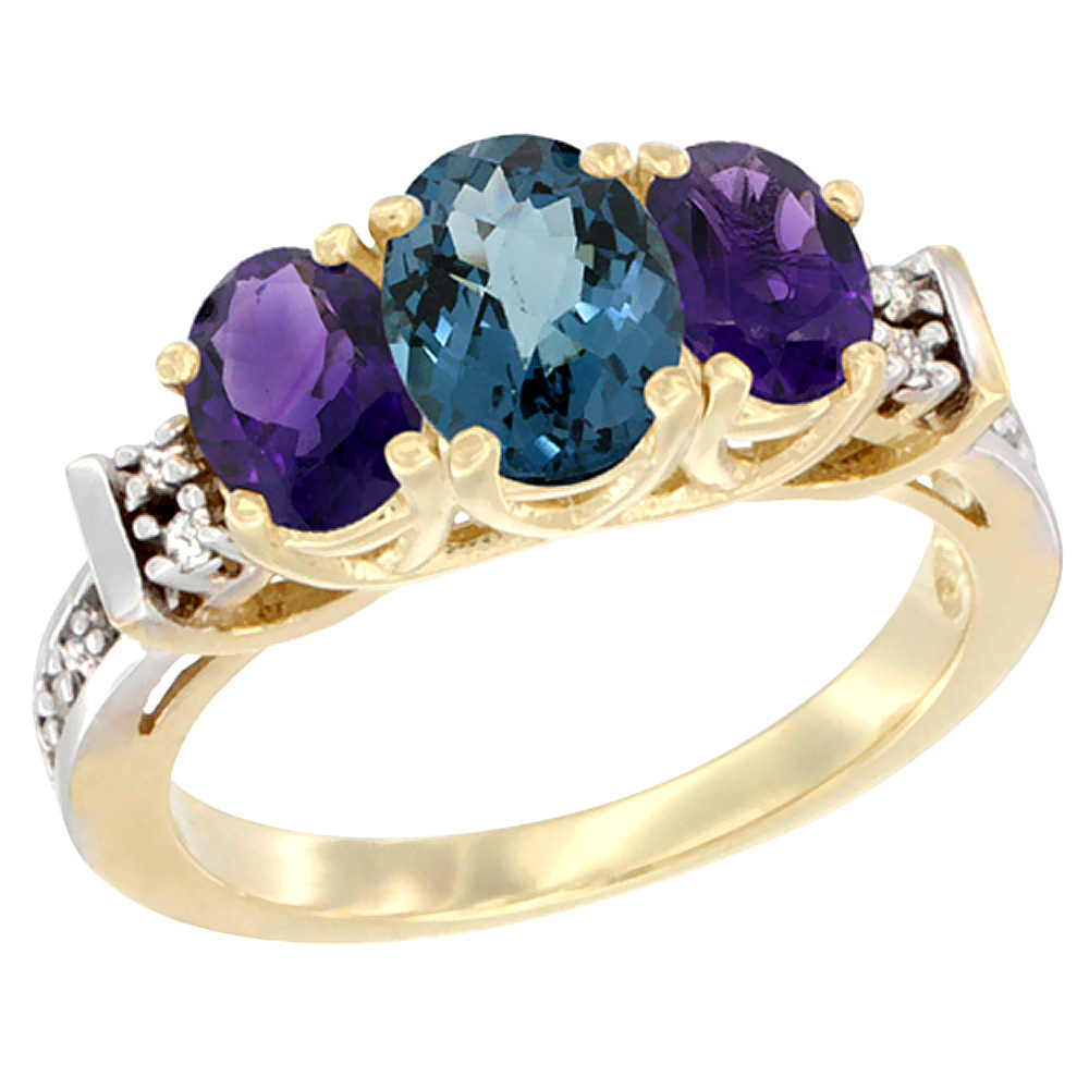 14K Yellow Gold Natural London Blue Topaz & Amethyst Ring 3-Stone Oval Diamond Accent