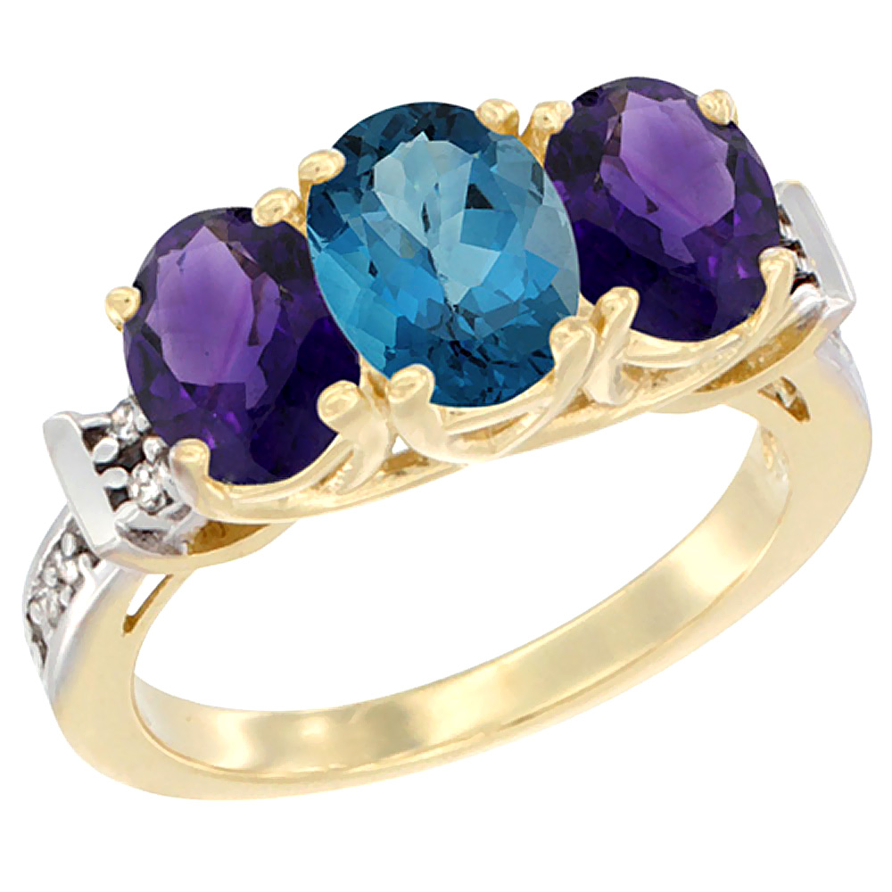 14K Yellow Gold Natural London Blue Topaz &amp; Amethyst Sides Ring 3-Stone Oval Diamond Accent, sizes 5 - 10