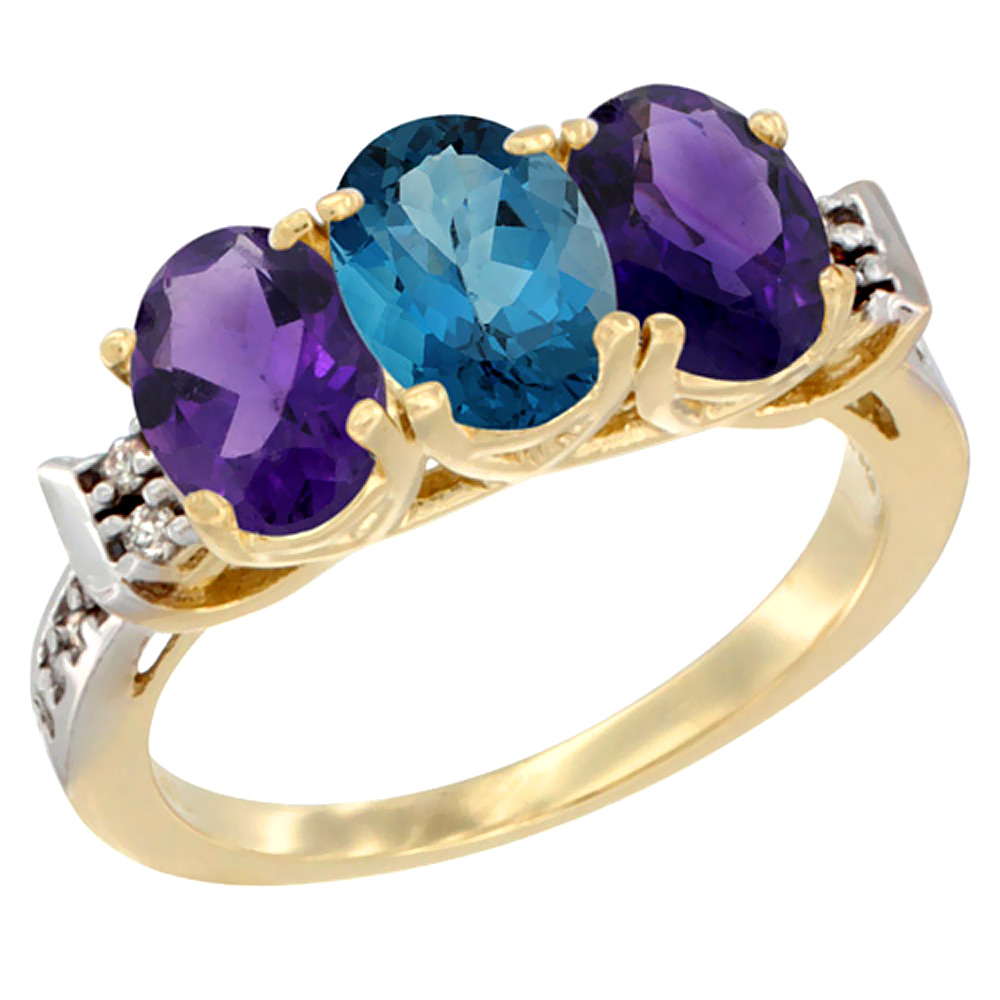 14K Yellow Gold Natural London Blue Topaz &amp; Amethyst Sides Ring 3-Stone 7x5 mm Oval Diamond Accent, sizes 5 - 10