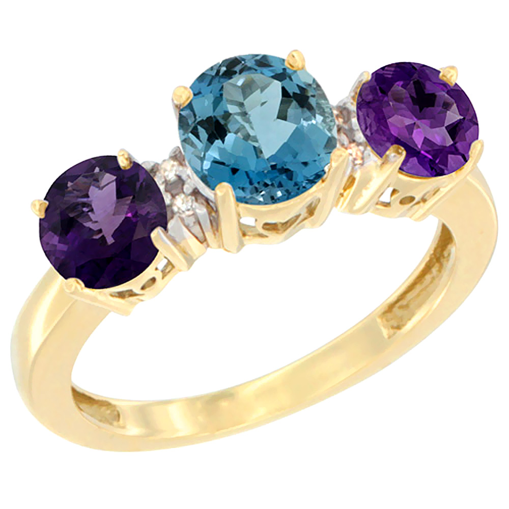 10K Yellow Gold Round 3-Stone Natural London Blue Topaz Ring & Amethyst Sides Diamond Accent, sizes 5 - 10