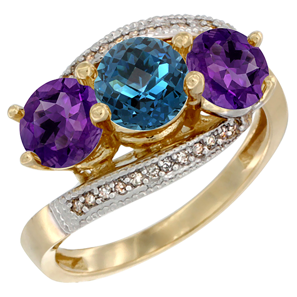 10K Yellow Gold Natural London Blue Topaz & Amethyst Sides 3 stone Ring Round 6mm Diamond Accent, sizes 5 - 10