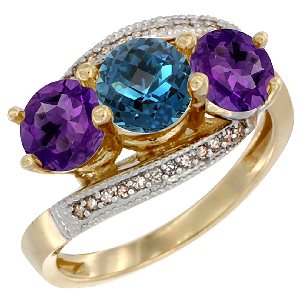 14K Yellow Gold Natural London Blue Topaz &amp; Amethyst Sides 3 stone Ring Round 6mm Diamond Accent, sizes 5 - 10