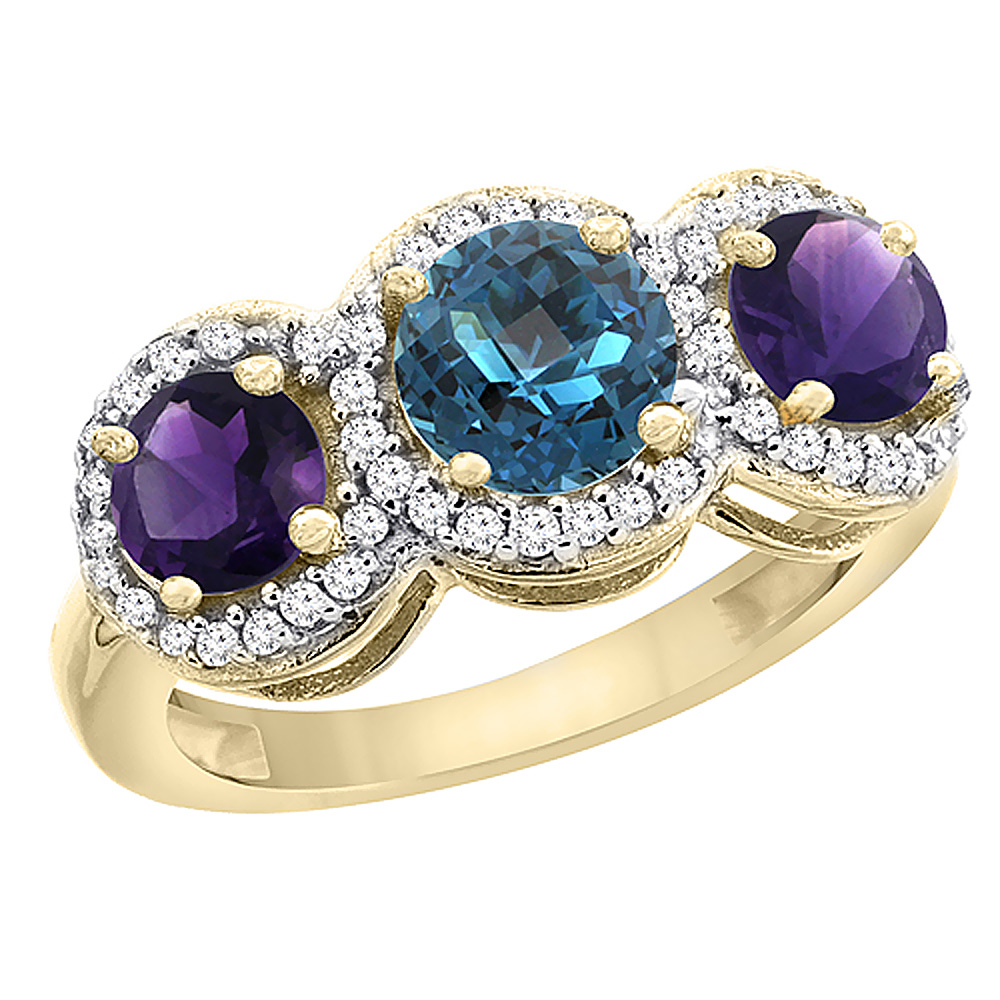 10K Yellow Gold Natural London Blue Topaz &amp; Amethyst Sides Round 3-stone Ring Diamond Accents, sizes 5 - 10