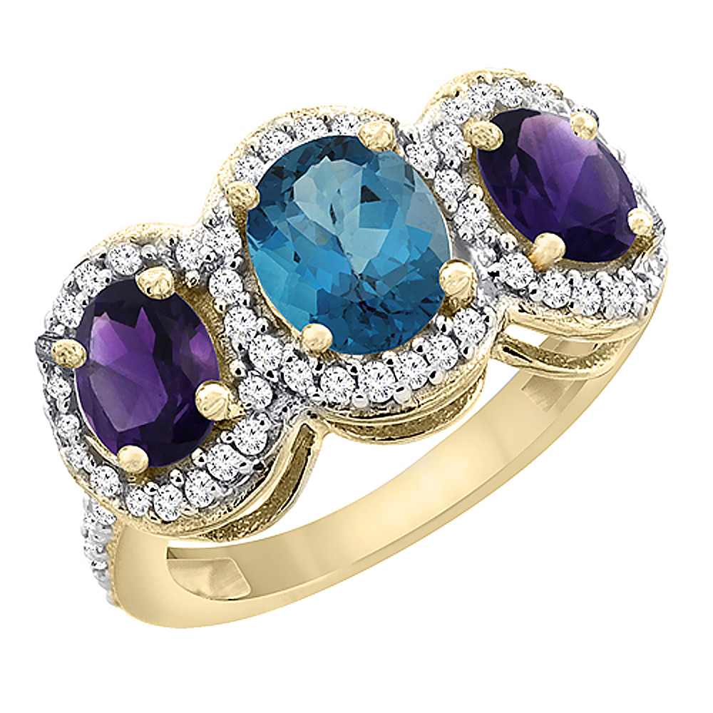 14K Yellow Gold Natural London Blue Topaz &amp; Amethyst 3-Stone Ring Oval Diamond Accent, sizes 5 - 10