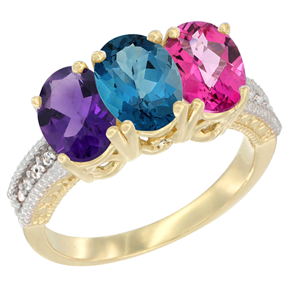 14K Yellow Gold Natural Amethyst, London Blue Topaz &amp; Pink Topaz Ring 3-Stone 7x5 mm Oval Diamond Accent, sizes 5 - 10