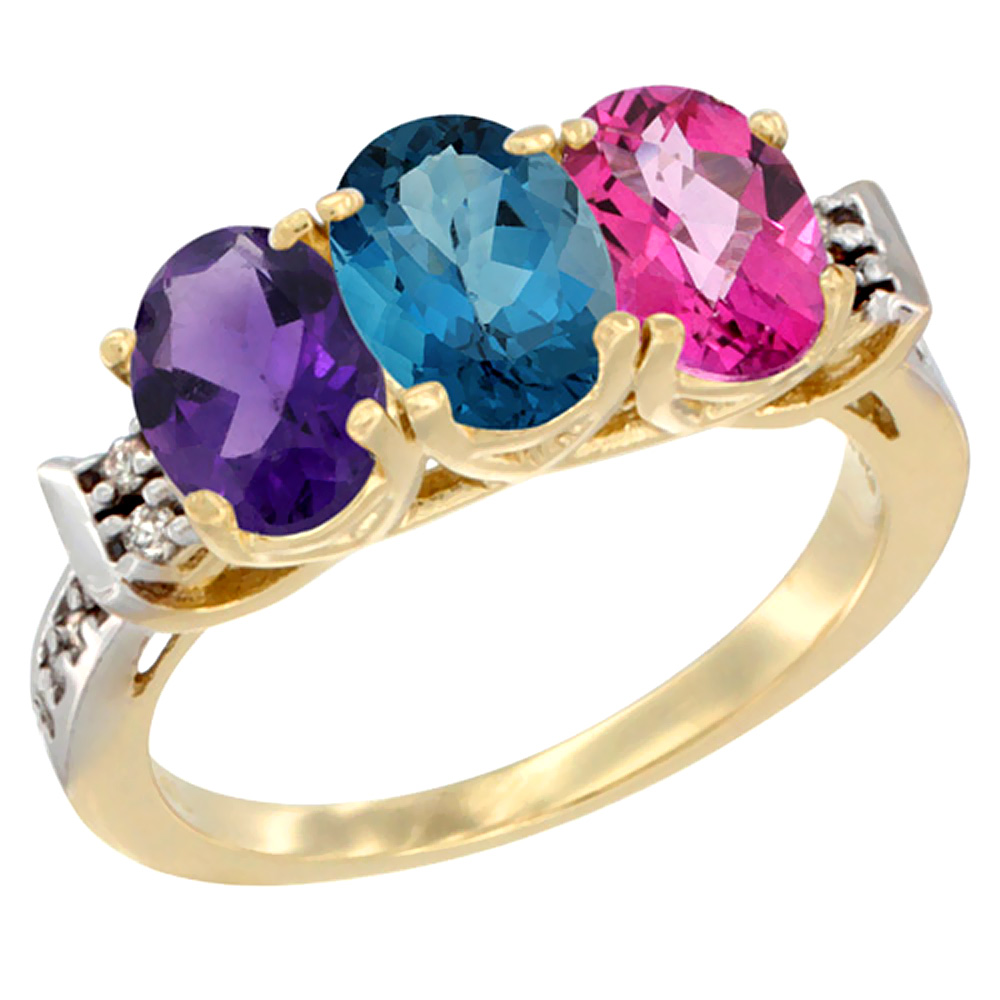 10K Yellow Gold Natural Amethyst, London Blue Topaz & Pink Topaz Ring 3-Stone Oval 7x5 mm Diamond Accent, sizes 5 - 10