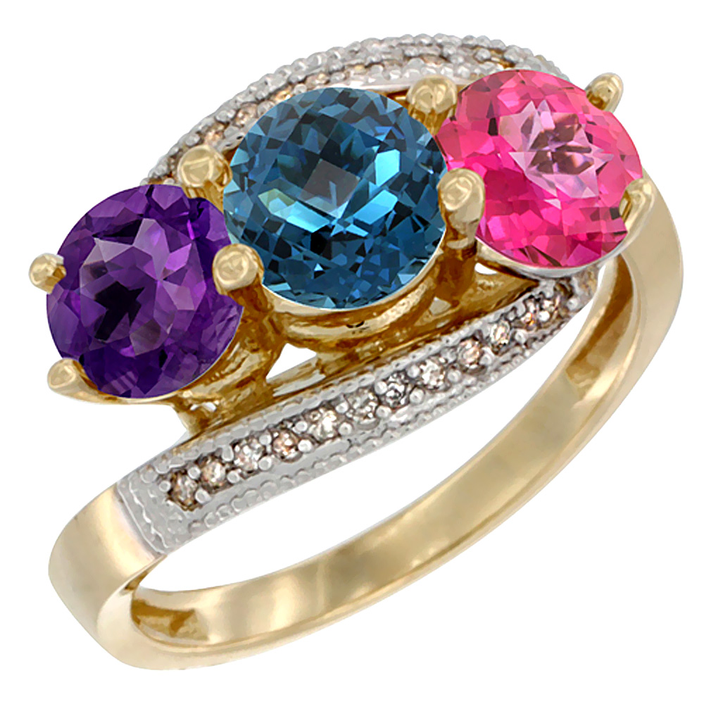 10K Yellow Gold Natural Amethyst, London Blue & Pink Topaz 3 stone Ring Round 6mm Diamond Accent, sizes 5 - 10