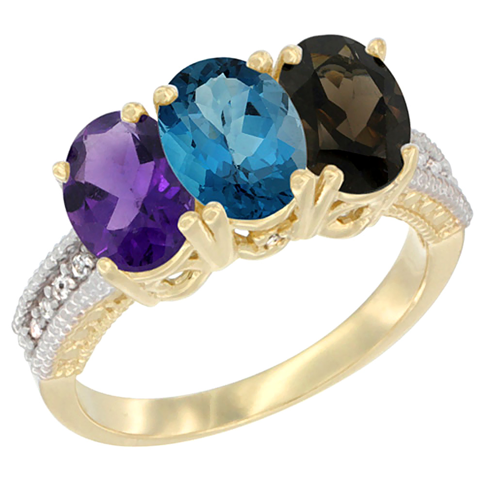 10K Yellow Gold Diamond Natural Amethyst, London Blue Topaz & Smoky Topaz Ring Oval 3-Stone 7x5 mm,sizes 5-10