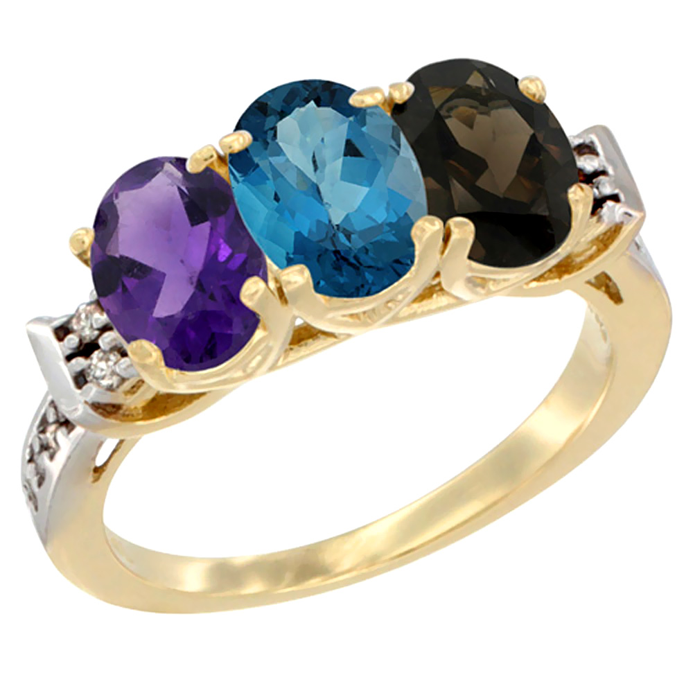 14K Yellow Gold Natural Amethyst, London Blue Topaz & Smoky Topaz Ring 3-Stone 7x5 mm Oval Diamond Accent, sizes 5 - 10