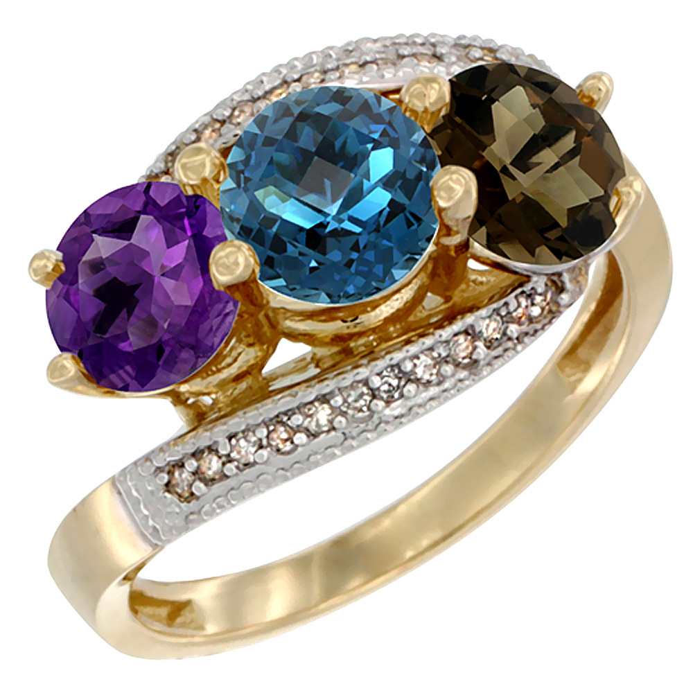 14K Yellow Gold Natural Amethyst, London Blue &amp; Smoky Topaz 3 stone Ring Round 6mm Diamond Accent, sizes 5 - 10