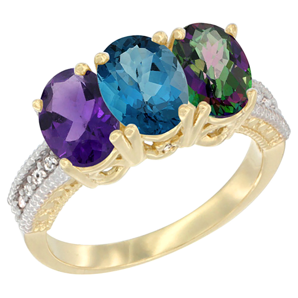 10K Yellow Gold Diamond Natural Amethyst, London Blue Topaz & Mystic Topaz Ring Oval 3-Stone 7x5 mm,sizes 5-10