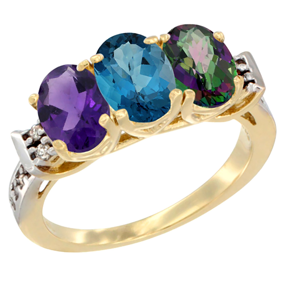 14K Yellow Gold Natural Amethyst, London Blue Topaz & Mystic Topaz Ring 3-Stone 7x5 mm Oval Diamond Accent, sizes 5 - 10