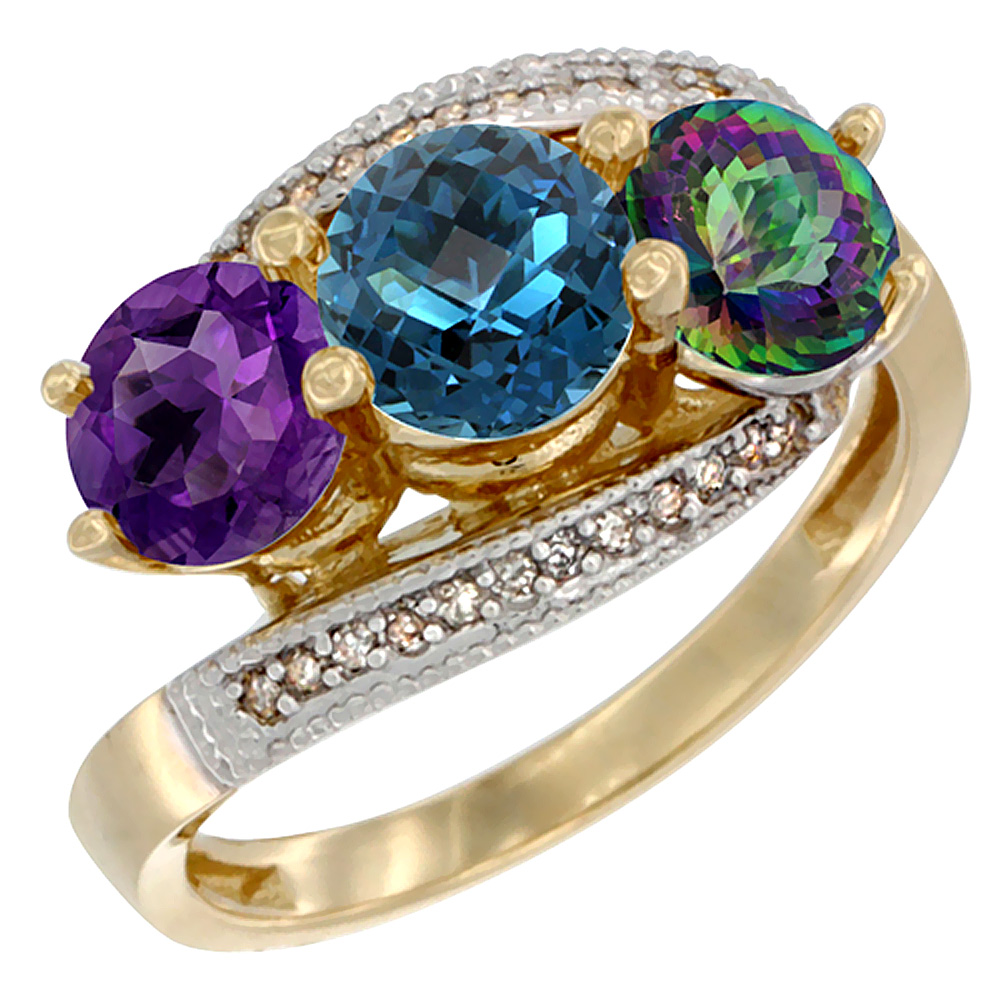 10K Yellow Gold Natural Amethyst, London Blue & Mystic Topaz 3 stone Ring Round 6mm Diamond Accent, sizes 5 - 10