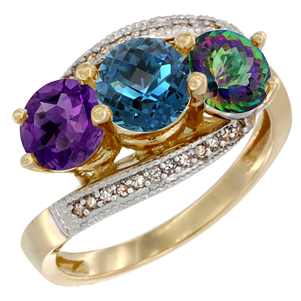 10K Yellow Gold Natural Amethyst, London Blue &amp; Mystic Topaz 3 stone Ring Round 6mm Diamond Accent, sizes 5 - 10