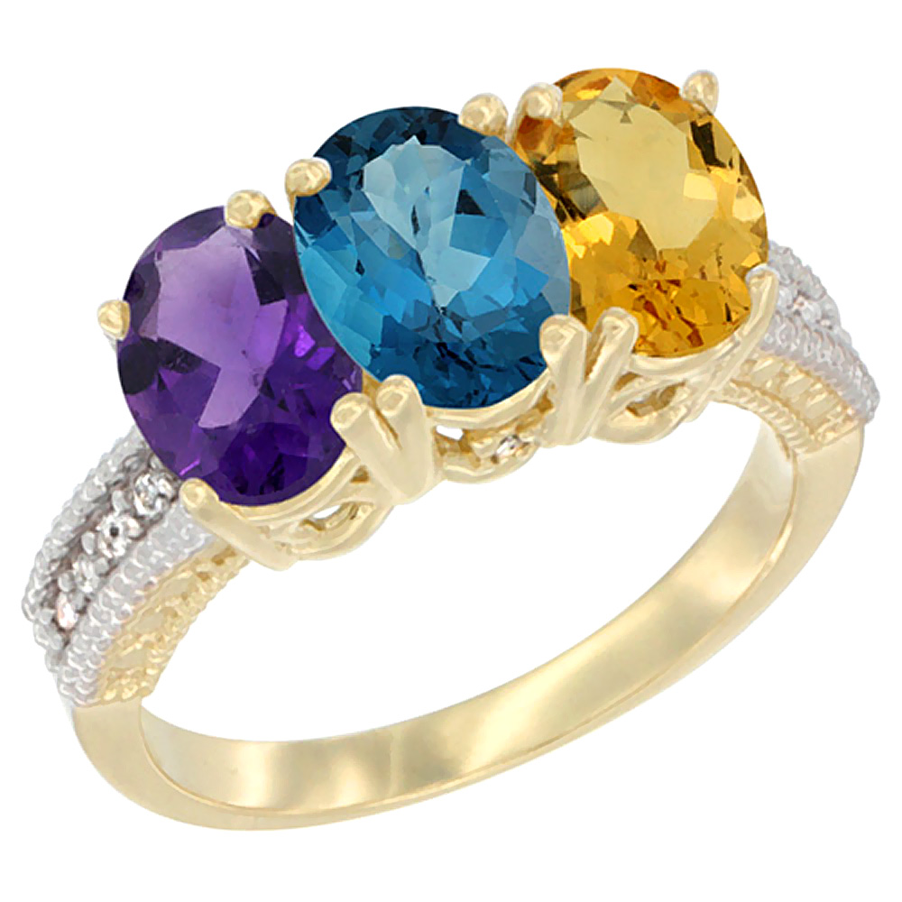 14K Yellow Gold Natural Amethyst, London Blue Topaz & Citrine Ring 3-Stone 7x5 mm Oval Diamond Accent, sizes 5 - 10