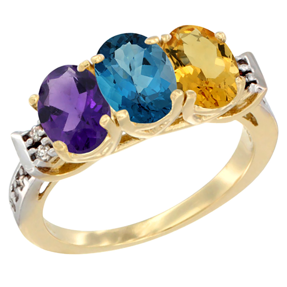 10K Yellow Gold Natural Amethyst, London Blue Topaz & Citrine Ring 3-Stone Oval 7x5 mm Diamond Accent, sizes 5 - 10