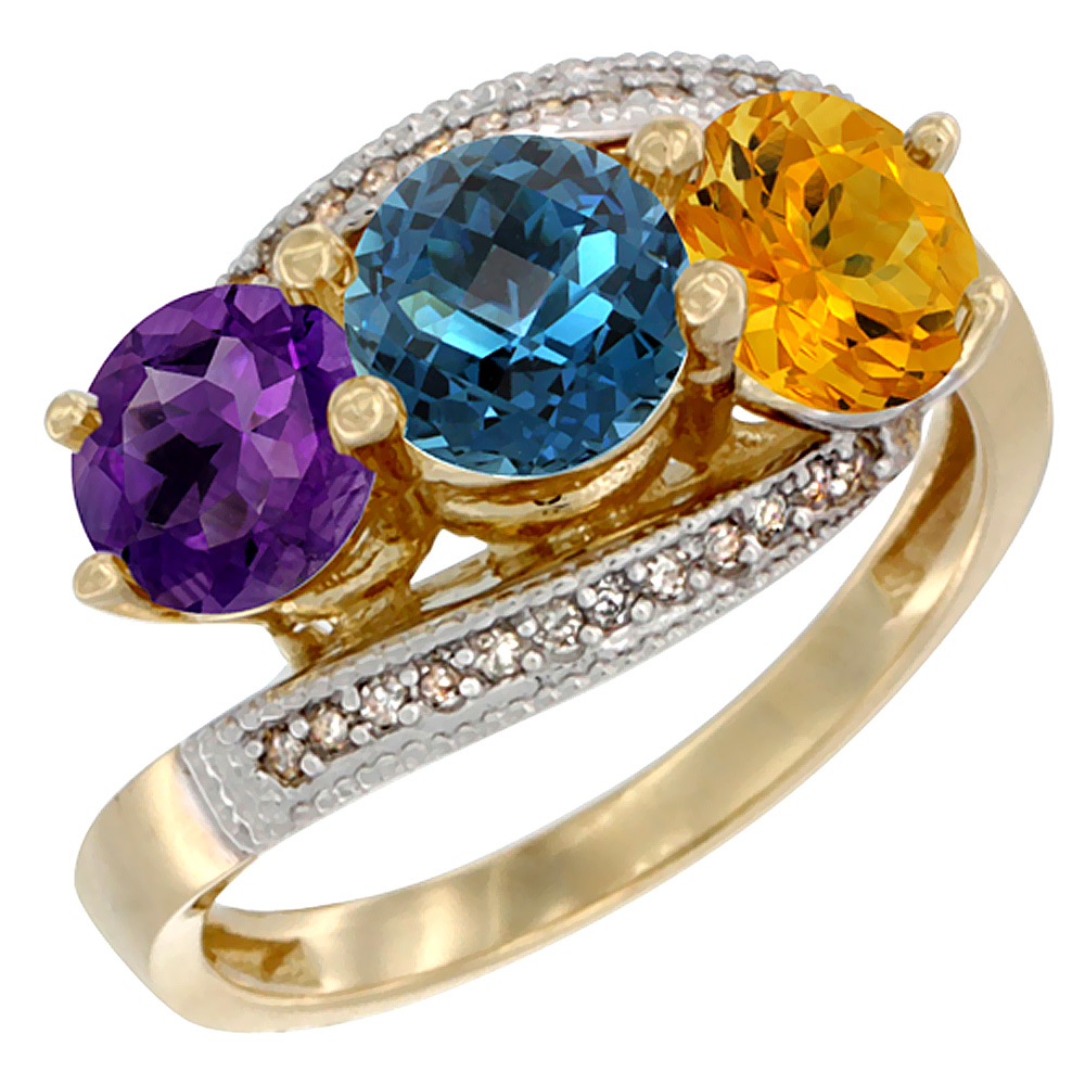 10K Yellow Gold Natural Amethyst, London Blue Topaz &amp; Citrine 3 stone Ring Round 6mm Diamond Accent, sizes 5 - 10