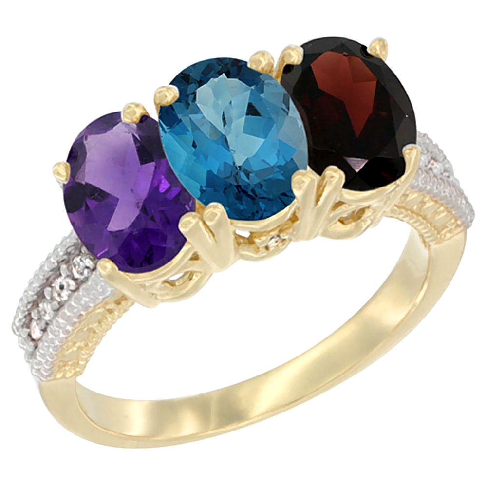 10K Yellow Gold Diamond Natural Amethyst, London Blue Topaz & Garnet Ring Oval 3-Stone 7x5 mm,sizes 5-10