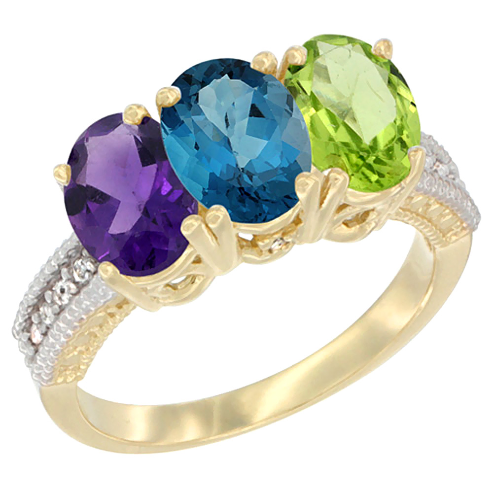 14K Yellow Gold Natural Amethyst, London Blue Topaz & Peridot Ring 3-Stone 7x5 mm Oval Diamond Accent, sizes 5 - 10