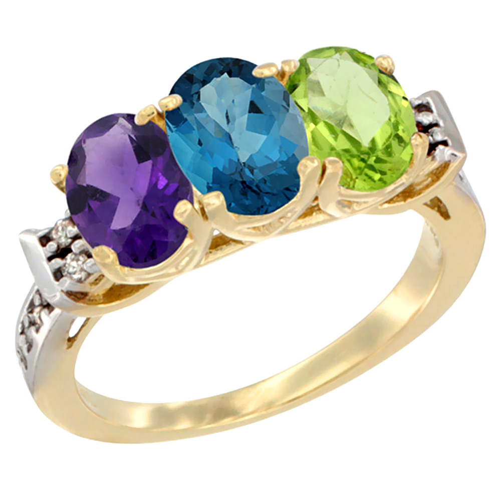 10K Yellow Gold Natural Amethyst, London Blue Topaz & Peridot Ring 3-Stone Oval 7x5 mm Diamond Accent, sizes 5 - 10