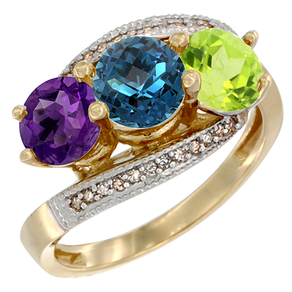 14K Yellow Gold Natural Amethyst, London Blue Topaz &amp; Peridot 3 stone Ring Round 6mm Diamond Accent, sizes 5 - 10