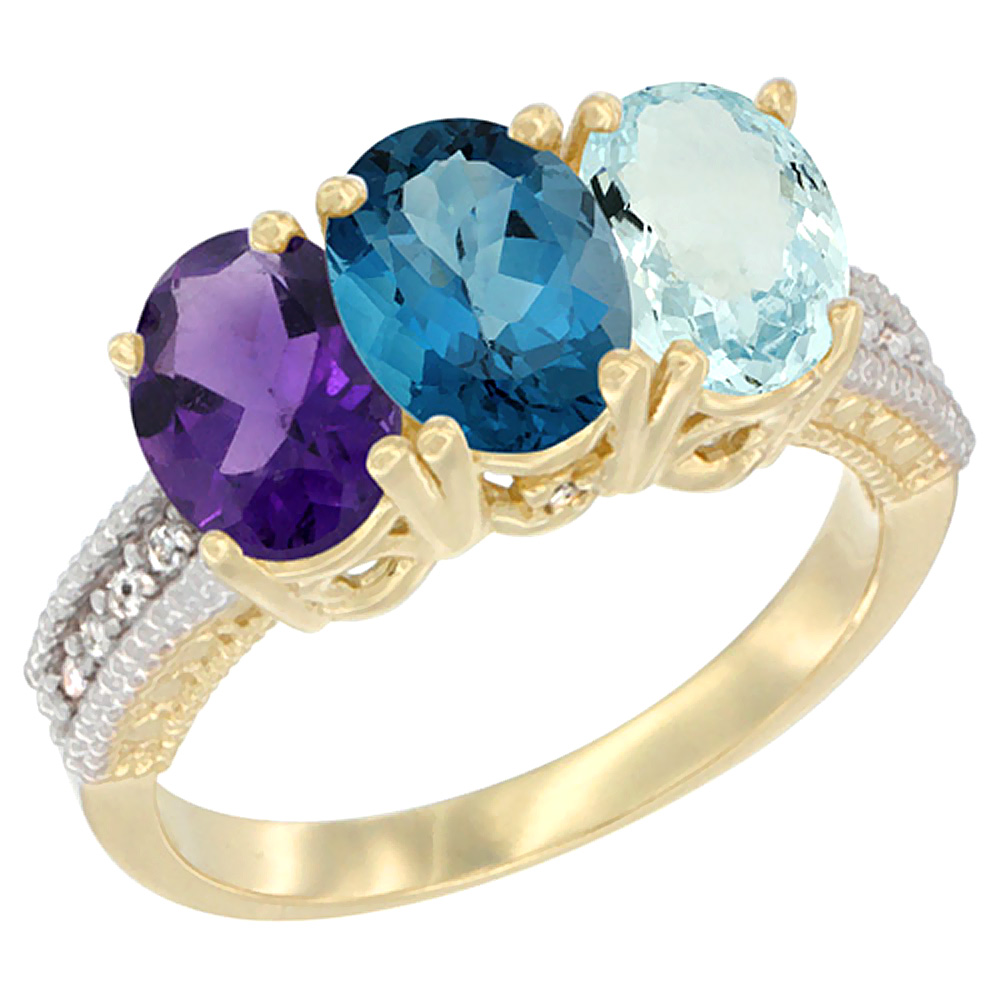 10K Yellow Gold Diamond Natural Amethyst, London Blue Topaz &amp; Aquamarine Ring Oval 3-Stone 7x5 mm,sizes 5-10