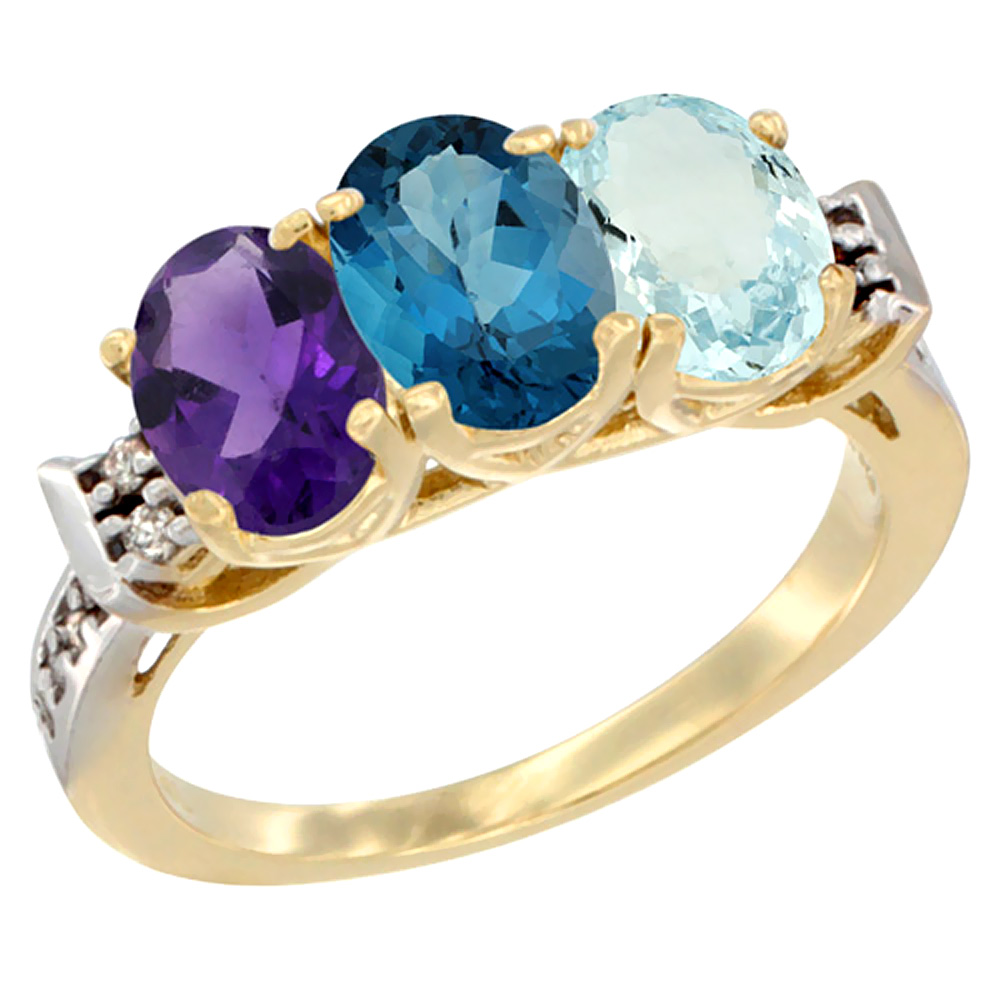 14K Yellow Gold Natural Amethyst, London Blue Topaz & Aquamarine Ring 3-Stone 7x5 mm Oval Diamond Accent, sizes 5 - 10