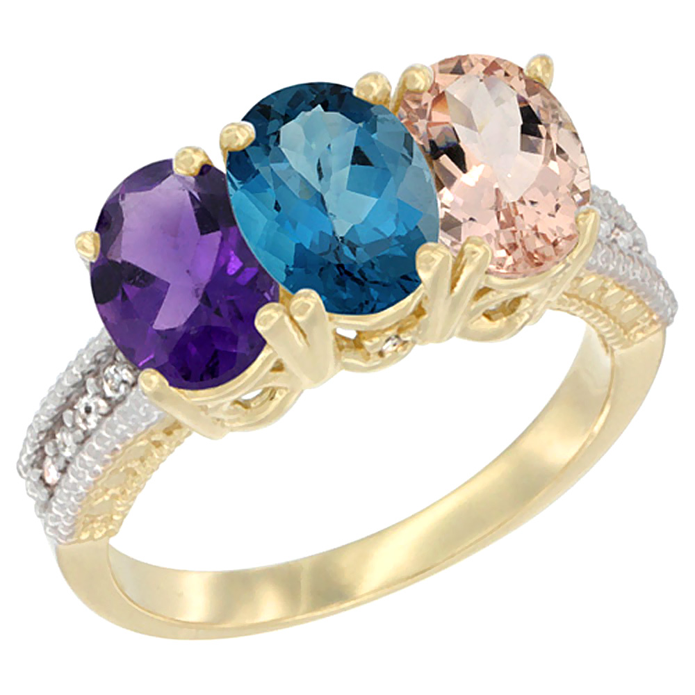 10K Yellow Gold Diamond Natural Amethyst, London Blue Topaz & Morganite Ring Oval 3-Stone 7x5 mm,sizes 5-10