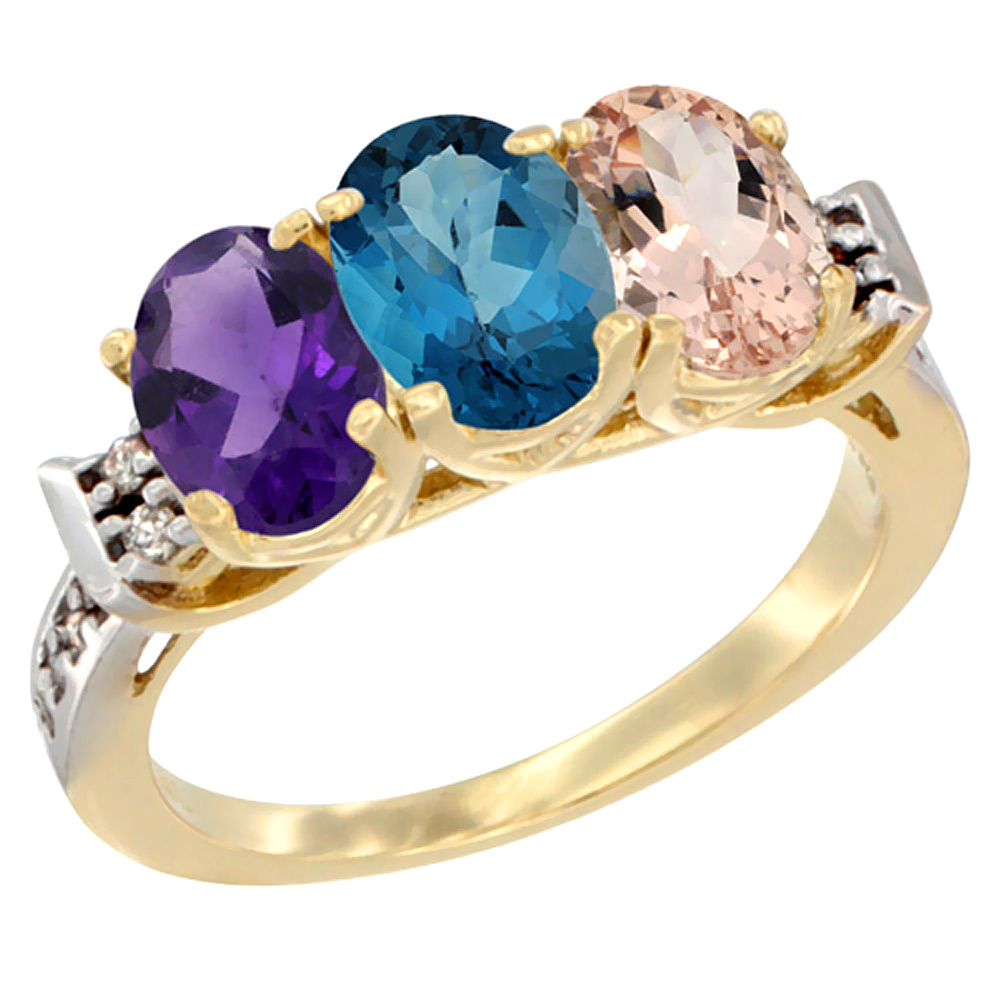 14K Yellow Gold Natural Amethyst, London Blue Topaz & Morganite Ring 3-Stone 7x5 mm Oval Diamond Accent, sizes 5 - 10