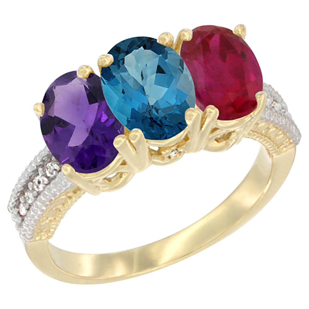 14K Yellow Gold Natural Amethyst, London Blue Topaz & Enhanced Ruby Ring 3-Stone 7x5 mm Oval Diamond Accent, sizes 5 - 10