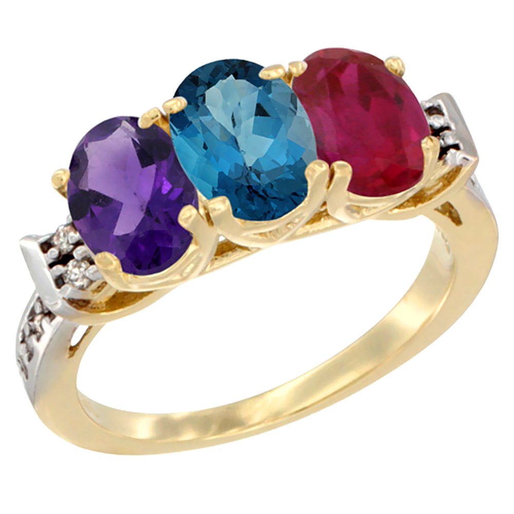 14K Yellow Gold Natural Amethyst, London Blue Topaz &amp; Enhanced Ruby Ring 3-Stone 7x5 mm Oval Diamond Accent, sizes 5 - 10