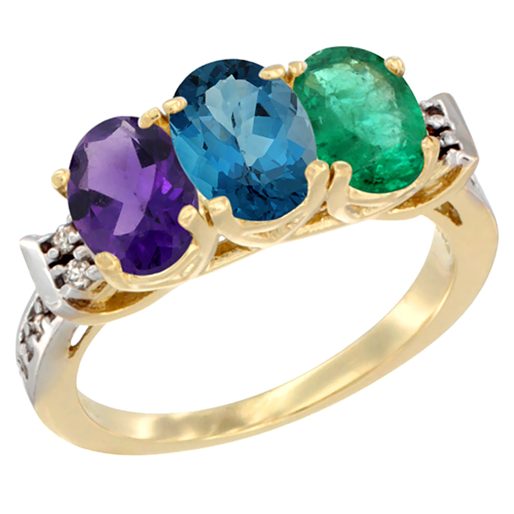 14K Yellow Gold Natural Amethyst, London Blue Topaz & Emerald Ring 3-Stone 7x5 mm Oval Diamond Accent, sizes 5 - 10