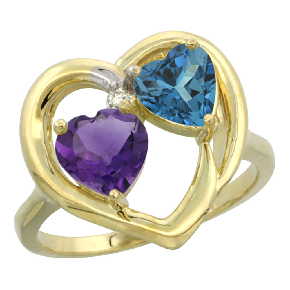 14K Yellow Gold Diamond Two-stone Heart Ring 6mm Natural Amethyst & London Blue Topaz, sizes 5-10