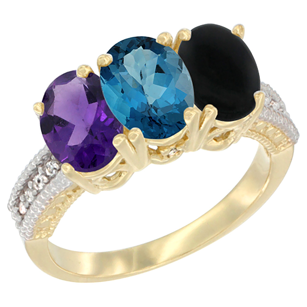 10K Yellow Gold Diamond Natural Amethyst, London Blue Topaz & Black Onyx Ring Oval 3-Stone 7x5 mm,sizes 5-10