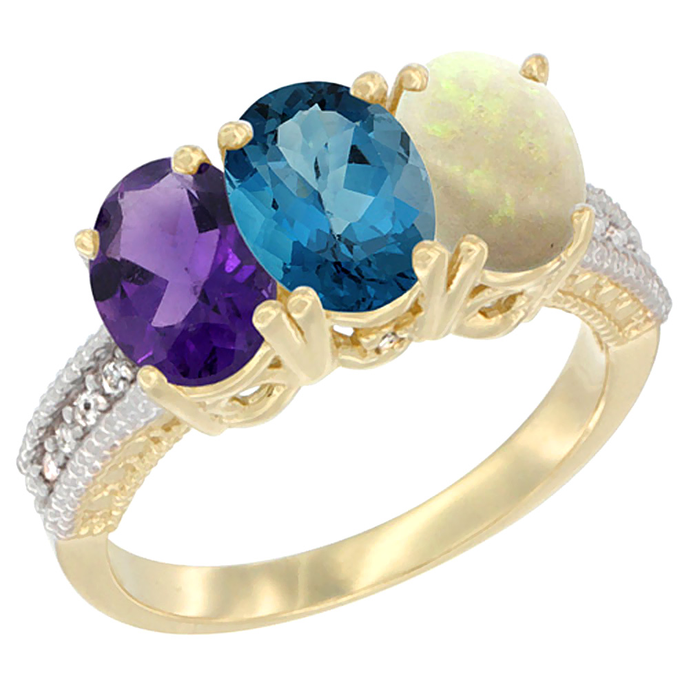 10K Yellow Gold Diamond Natural Amethyst, London Blue Topaz & Opal Ring Oval 3-Stone 7x5 mm,sizes 5-10