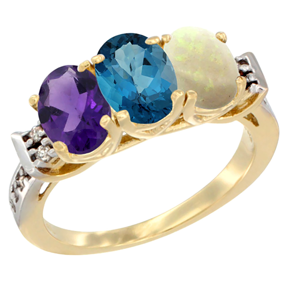 14K Yellow Gold Natural Amethyst, London Blue Topaz & Opal Ring 3-Stone 7x5 mm Oval Diamond Accent, sizes 5 - 10