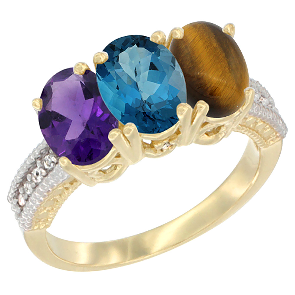 10K Yellow Gold Diamond Natural Amethyst, London Blue Topaz & Tiger Eye Ring Oval 3-Stone 7x5 mm,sizes 5-10