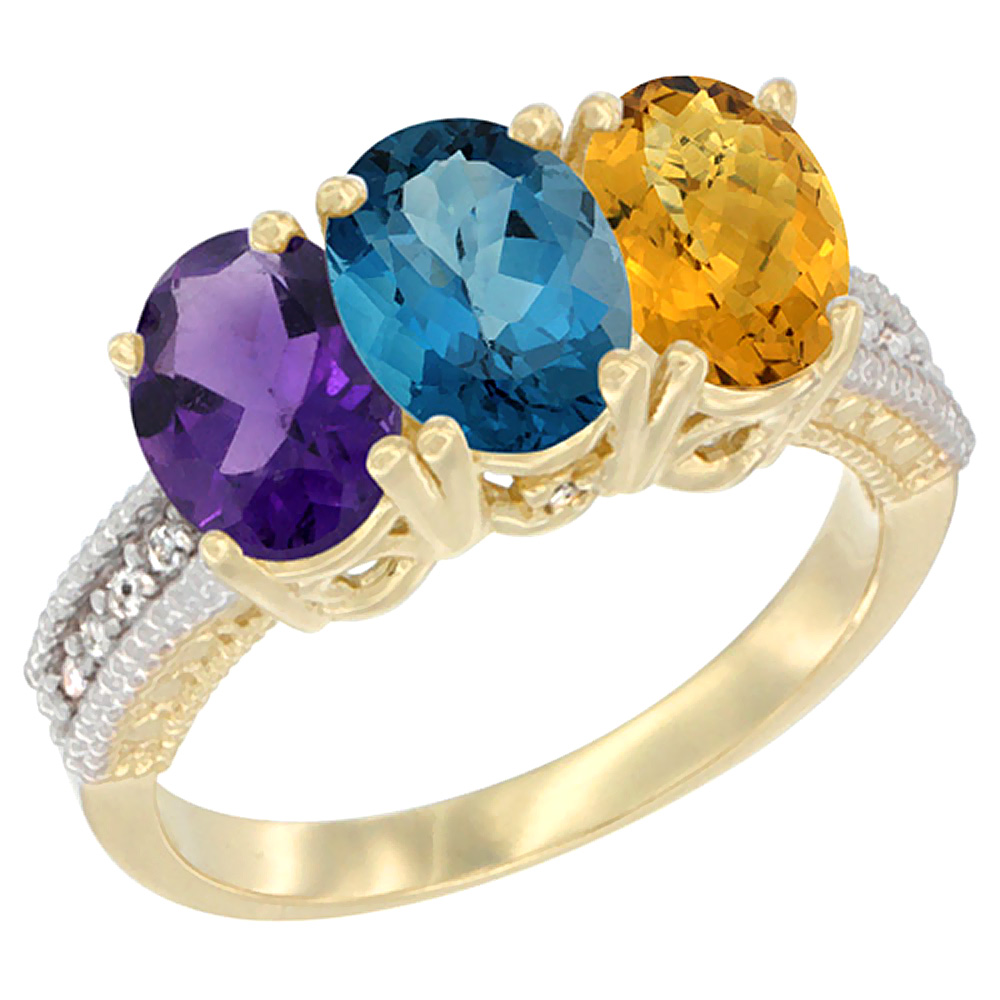 10K Yellow Gold Diamond Natural Amethyst, London Blue Topaz &amp; Whisky Quartz Ring Oval 3-Stone 7x5 mm,sizes 5-10