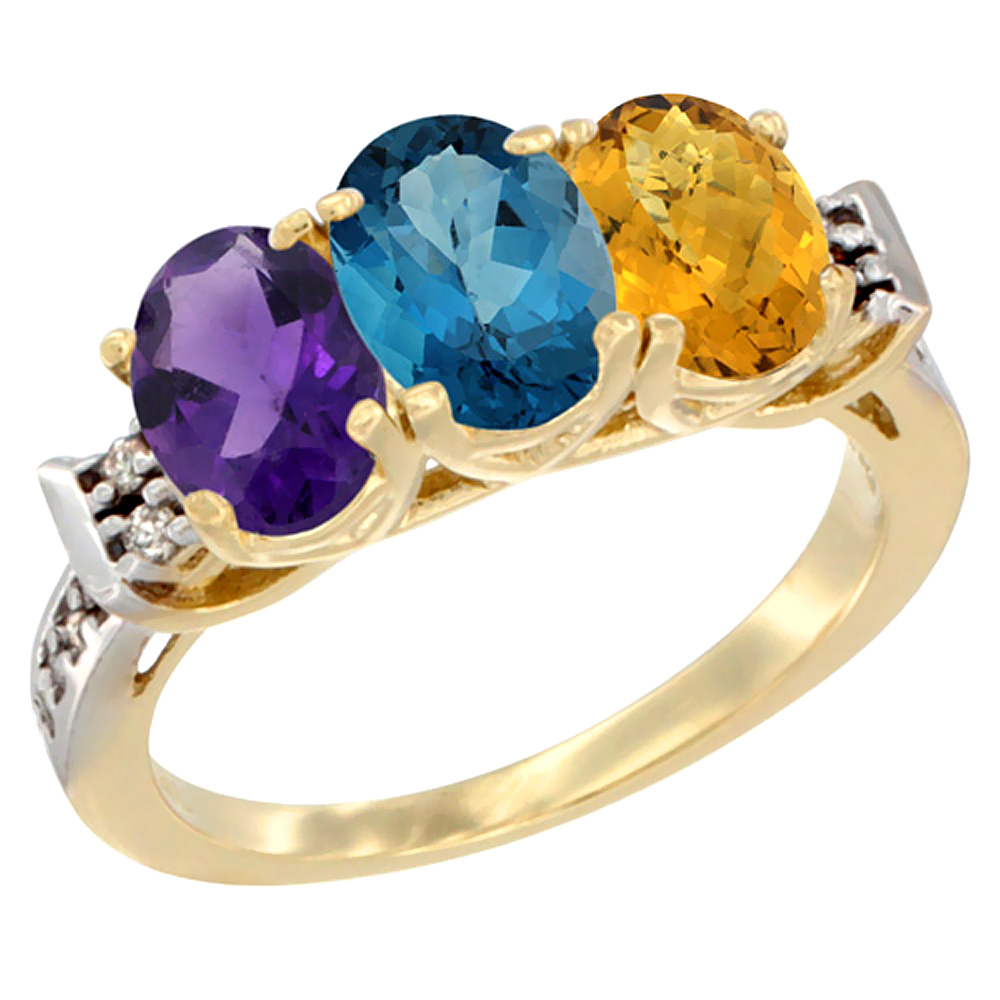 10K Yellow Gold Natural Amethyst, London Blue Topaz & Whisky Quartz Ring 3-Stone Oval 7x5 mm Diamond Accent, sizes 5 - 10