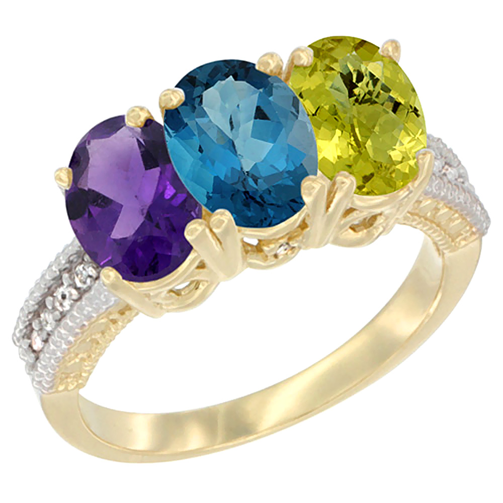 10K Yellow Gold Diamond Natural Amethyst, London Blue Topaz &amp; Lemon Quartz Ring Oval 3-Stone 7x5 mm,sizes 5-10